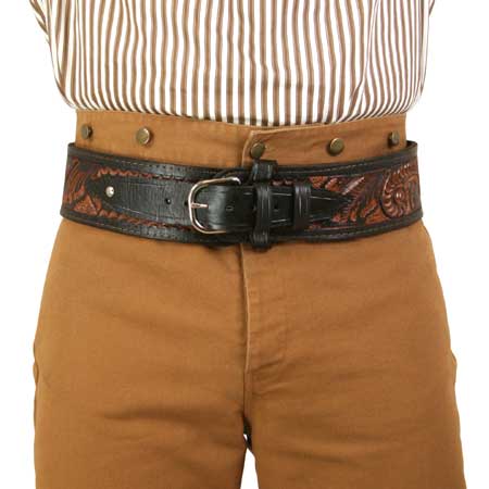 Steampunk Mens Brown,Two-Tone Leather Tooled Cartridge Belt | Gothic | Pirate | LARP | Cosplay | Retro | Vampire || (.22 cal) High-Rider Western Cartridge Belt - Two-Tone Brown Tooled Leather