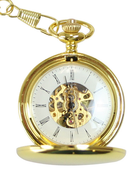 Gold Tone Mechanical Pocket Watch with Chain - Double Hunter Case