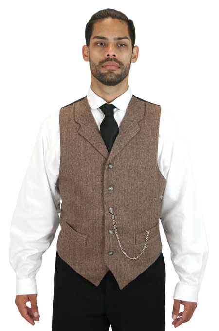 Victorian Mens Brown Tweed Herringbone Notch Collar Dress Vest | Dickens | Downton Abbey | Edwardian || Walden Tweed Vest with Faux Bone Buttons - Brown Herringbone