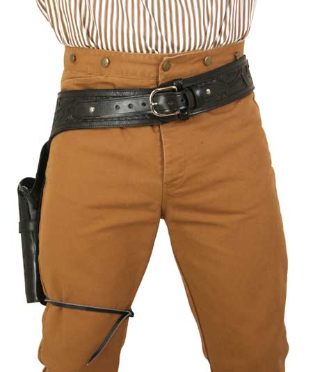 (.38/.357 cal) Western Gun Belt and Holster - RH Draw (Long Barrel) - Black Tooled Leather