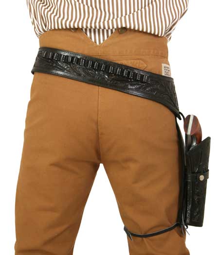 (.38/.357 cal) Western Gun Belt and Holster - RH Draw (Long Barrel) - Black Tooled Leather