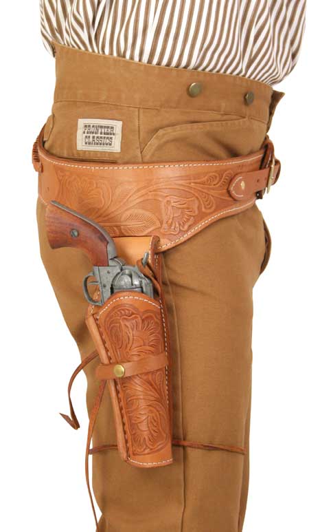 Victorian Mens Tan,Natural,Brown Leather Tooled Gunbelt Holster Combo | Dickens | Downton Abbey | Edwardian || (.22 cal) Western Gun Belt and Holster - RH Draw - Tan Tooled Leather