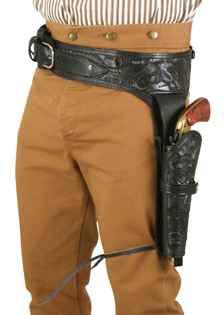 (.38/.357 cal) Western Gun Belt and Holster - LH Draw (Long Barrel) - Black Tooled Leather