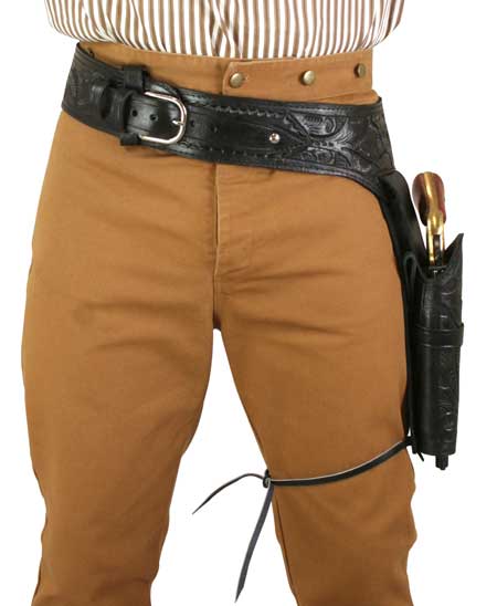 (.38/.357 cal) Western Gun Belt and Holster - LH Draw (Long Barrel) - Black Tooled Leather