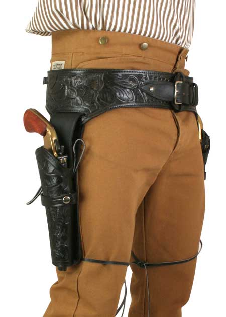 (.44/.45 cal) Western Gun Belt and Holster - Double (Long Barrel) - Black Tooled Leather
