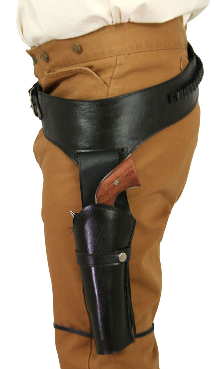 Victorian Mens Black Leather Un-Tooled Gunbelt Holster Combo | Dickens | Downton Abbey | Edwardian || (.44/.45 cal) Western Gun Belt and Holster - LH Draw (Long Barrel) - Plain Black Leather