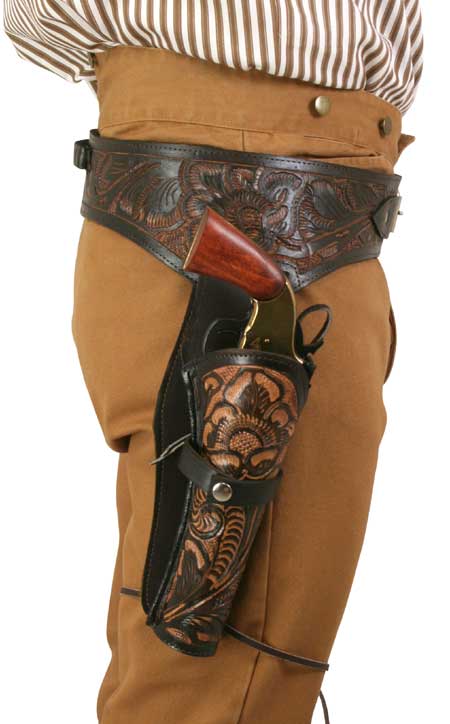 Leather Gun Belt Combo 34" to 52" Brown .45 Caliber Tooled Holster 