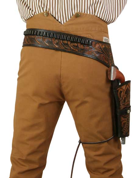 (.38/.357 cal) Western Gun Belt and Holster - RH Draw (Long Barrel) - Two-Tone Brown Leather