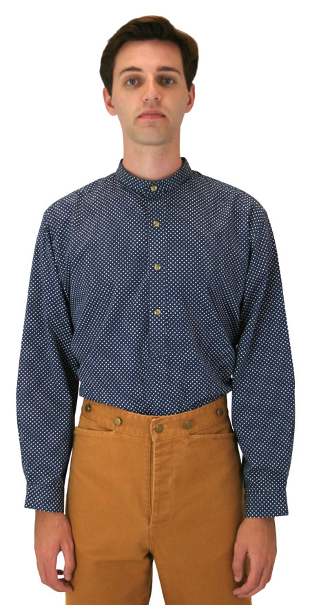 Steampunk Mens Blue Cotton Geometric Band Collar Work Shirt | Gothic | Pirate | LARP | Cosplay | Retro | Vampire || Glenrock Shirt - Navy Dot