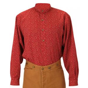  Victorian,Old West Mens Shirts Red Cotton Floral,Calico Work Shirts |Antique, Vintage, Old Fashioned, Wedding, Theatrical, Reenacting Costume |