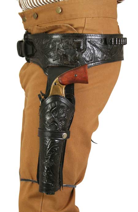 (.38/.357 cal) Western Gun Belt and Holster - Double (Long Barrel) - Black Tooled Leather