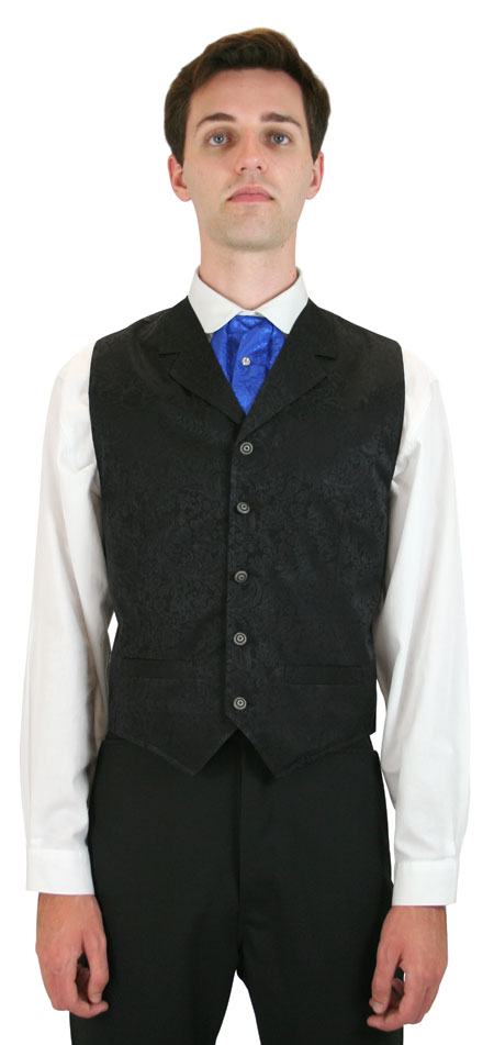 Wedding Mens Black Silk Floral Notch Collar Dress Vest | Formal | Bridal | Prom | Tuxedo || Whittaker Silk Vest - Black