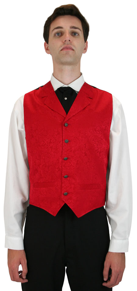 Victorian Mens Red Silk Floral Notch Collar Dress Vest | Dickens | Downton Abbey | Edwardian || Whittaker Silk Vest - Red