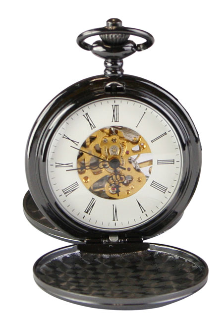 1800s Mens Black Alloy Mechanical Watch | 19th Century | Historical | Period Clothing | Theatrical || Black Pearl Mechanical Pocket Watch with Chain - Double Hunter Case