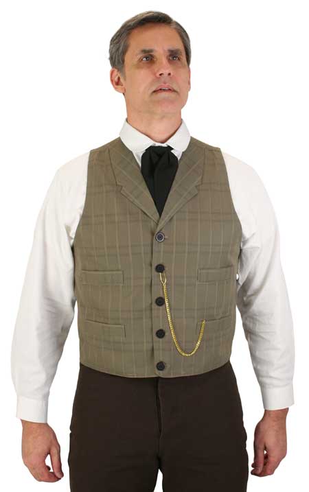 Victorian Mens Brown Cotton Blend Plaid Notch Collar Dress Vest | Dickens | Downton Abbey | Edwardian || Upton Vest - Taupe Plaid