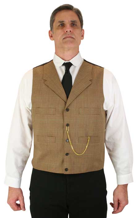 Victorian Mens Tan,Brown Wool Blend Plaid Notch Collar Dress Vest | Dickens | Downton Abbey | Edwardian || Frasier Vest - Tan Plaid