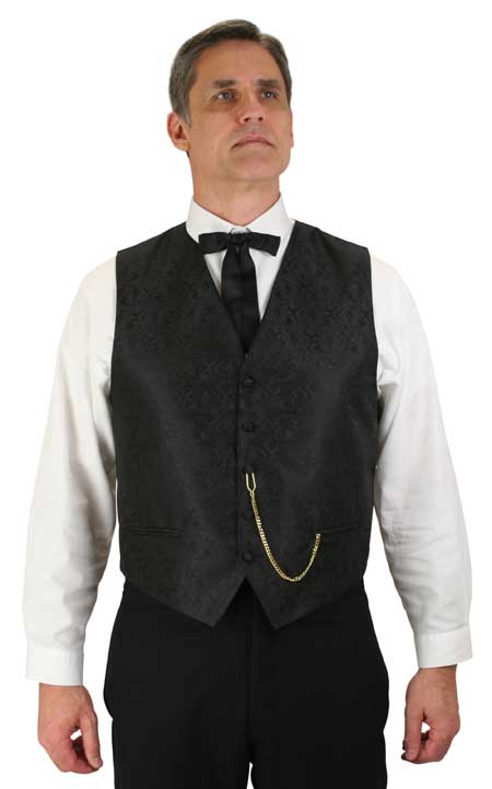 Vintage Mens Black Paisley No Collar Dress Vest | Romantic | Old Fashioned | Traditional | Classic || Skagway Vest - Black