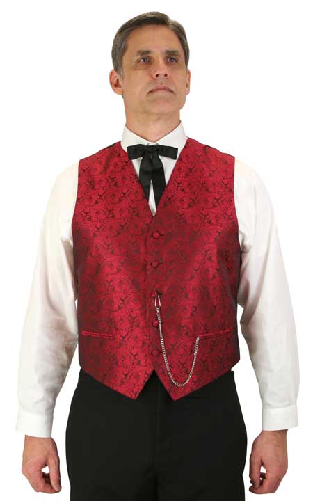 Wedding Mens Red Paisely No Collar Dress Vest | Formal | Bridal | Prom | Tuxedo || Skagway Vest - Red