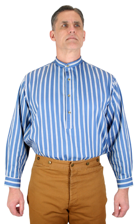 Vintage Mens Blue Cotton Stripe Band Collar Work Shirt | Romantic | Old Fashioned | Traditional | Classic || Ballard Shirt - Blue Stripe