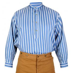  Victorian,Old West,Edwardian Mens Shirts Blue Cotton Stripe Work Shirts,Grandfather Shirts |Antique, Vintage, Old Fashioned, Wedding, Theatrical, Reenacting Costume |