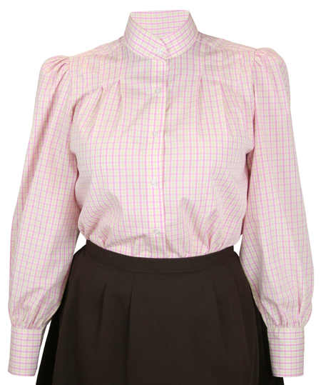 Steampunk Ladies Pink Cotton Check Stand Collar Blouse | Gothic | Pirate | LARP | Cosplay | Retro | Vampire || Wichita Blouse - Pink and Yellow Check