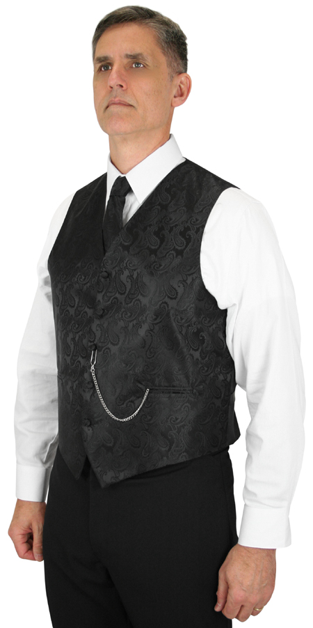 Wedding Mens Black Paisley No Collar Dress Vest | Formal | Bridal | Prom | Tuxedo || Fontaine Vest and Tie Set - Black