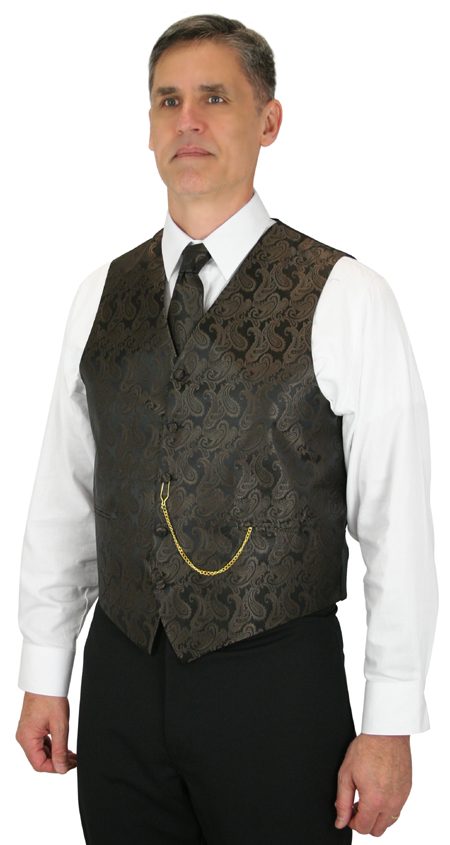 Victorian Mens Brown Paisley No Collar Dress Vest | Dickens | Downton Abbey | Edwardian || Fontaine Vest and Tie Set - Brown