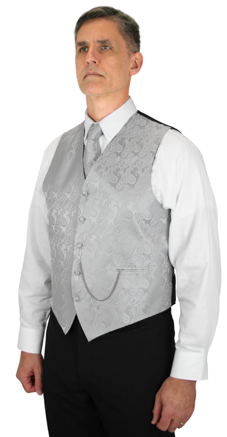 Victorian Mens Silver,Gray Paisley No Collar Dress Vest | Dickens | Downton Abbey | Edwardian || Fontaine Vest and Tie Set - Silver
