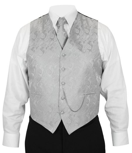 Vest White Paisley Full Back Neck Tie Formal Wedding Western Groom Steampunk 