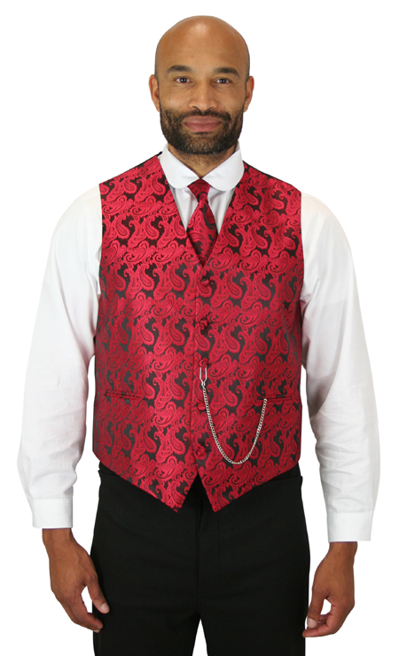 Steampunk Mens Red Paisley No Collar Dress Vest | Gothic | Pirate | LARP | Cosplay | Retro | Vampire || Fontaine Vest and Tie Set - Red