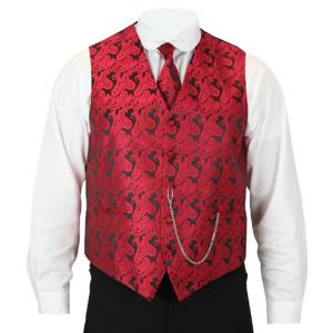  Victorian,Old West Mens Vests Red Satin,Microfiber,Synthetic Paisley Dress Vests,Tie Included |Antique, Vintage, Old Fashioned, Wedding, Theatrical, Reenacting Costume |