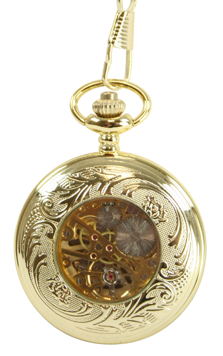 Gold Plated Mechanical Inscribed Window Pocket Watch with Chain