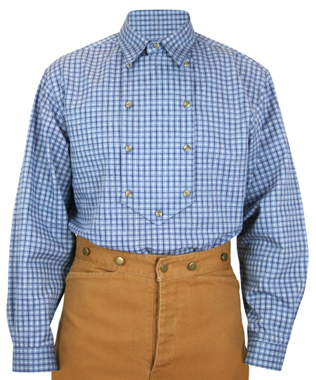 Vintage Mens Blue Cotton Plaid Point Collar Bib Shirt | Romantic | Old Fashioned | Traditional | Classic || Appaloosa Bib Shirt - Blue Plaid