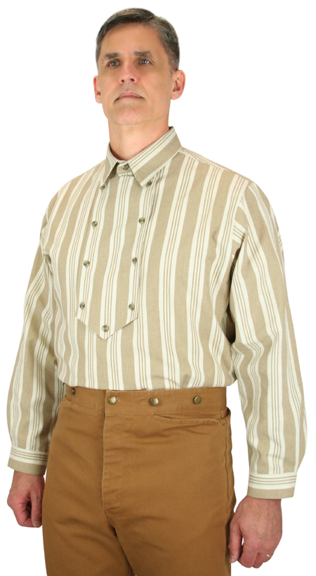 Wedding Mens Tan,Brown Cotton Stripe Point Collar Bib Shirt | Formal | Bridal | Prom | Tuxedo || Appaloosa Shirt - Khaki Stripe