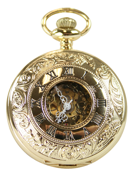 Victorian Mens Gold Alloy Mechanical Watch | Dickens | Downton Abbey | Edwardian || Gold Plated Mechanical Inscribed Window Pocket Watch with Chain - Black Dial