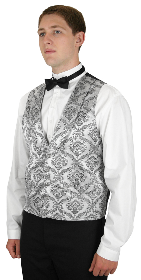 Victorian Mens Silver Floral Shawl Collar Dress Vest | Dickens | Downton Abbey | Edwardian || Ellington Vest - Silver and Black