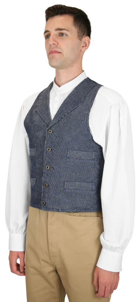 Victorian Mens Blue Cotton Stripe Notch Collar Work Vest | Dickens | Downton Abbey | Edwardian || Ezra Work Vest - Navy Stripe