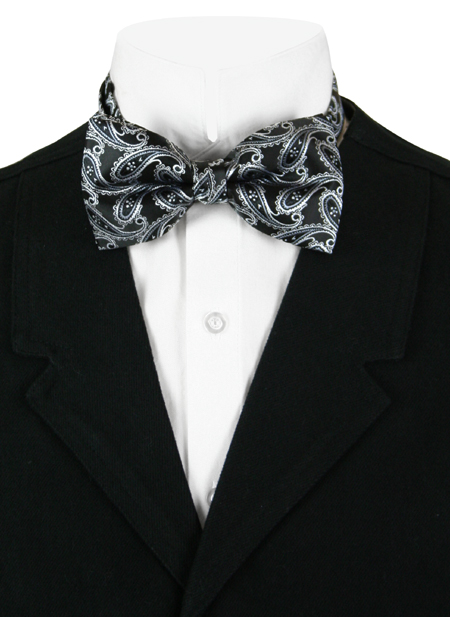 Steampunk Mens Black Paisely Bow Tie | Gothic | Pirate | LARP | Cosplay | Retro | Vampire || Daring Bow Tie - Small White Paisley
