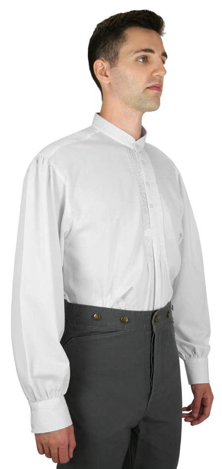 Victorian Mens White Cotton Solid Band Collar Work Shirt | Dickens | Downton Abbey | Edwardian || Bridger Work Shirt - White