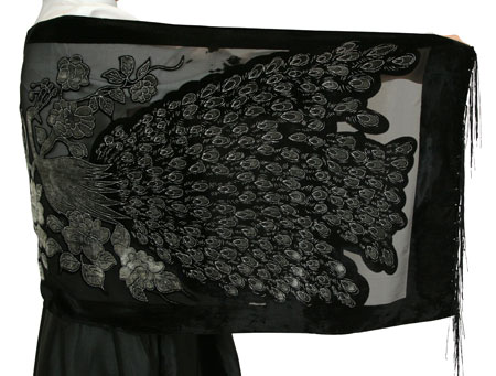 Beaded Rectangle Peacock Shawl - Black Velvet