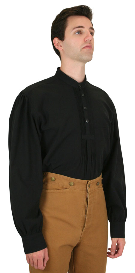 Steampunk Mens Black Cotton Solid Band Collar Work Shirt | Gothic | Pirate | LARP | Cosplay | Retro | Vampire || Jonah Work Shirt - Black