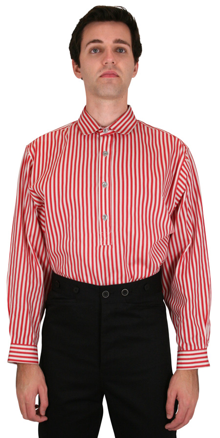 Vintage Mens Red Cotton Stripe Banker/Club Collar Work Shirt | Romantic | Old Fashioned | Traditional | Classic || Coulter Shirt - Red Stripe