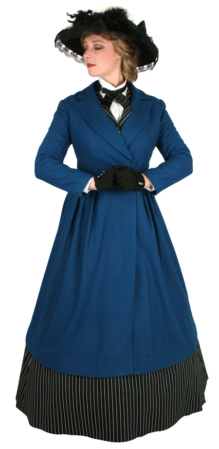 Victorian Ladies Blue Wool Blend Notch Collar Frock Coat | Dickens | Downton Abbey | Edwardian || Bernadette Double Breasted Coat - Blue Wool Blend