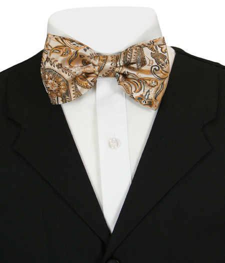 Wedding Mens Ivory,Brown,Yellow Floral Bow Tie | Formal | Bridal | Prom | Tuxedo || Pinnate Bow Tie - Ivory Paisley
