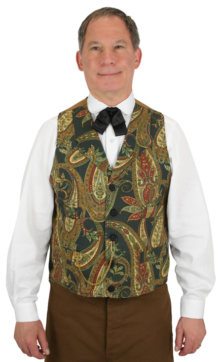Victorian Mens Tan,Gold,Blue Cotton Paisley Notch Collar Work Vest | Dickens | Downton Abbey | Edwardian || Hiram Vest - Green Paisley