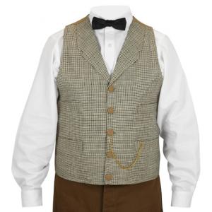  Victorian,Old West,Edwardian Mens Vests Tan,Brown Wool Blend Houndstooth Work Vests |Antique, Vintage, Old Fashioned, Wedding, Theatrical, Reenacting Costume |