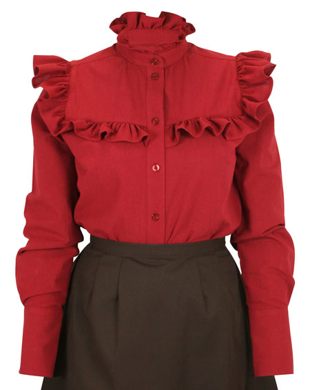 1800s Ladies Burgundy,Red Cotton Solid Band Collar Blouse | 19th Century | Historical | Period Clothing | Theatrical || Selma Ruffle Blouse - Burgundy