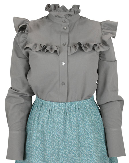 Vintage Ladies Gray Cotton Solid Band Collar Blouse | Romantic | Old Fashioned | Traditional | Classic || Selma Ruffle Blouse - Gray