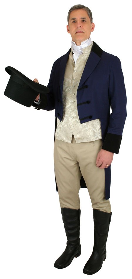 Steampunk Mens Blue Cotton,Velvet Notch Collar Tail Coat | Gothic | Pirate | LARP | Cosplay | Retro | Vampire || Sovereign Regency Tailcoat - Navy Twill