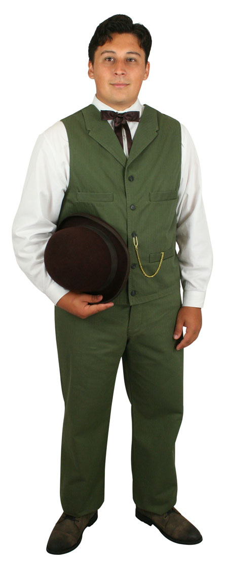 1800s Mens Green Cotton Herringbone Work Pants | 19th Century | Historical | Period Clothing | Theatrical || Bernard Twill Trousers - Army Herringbone